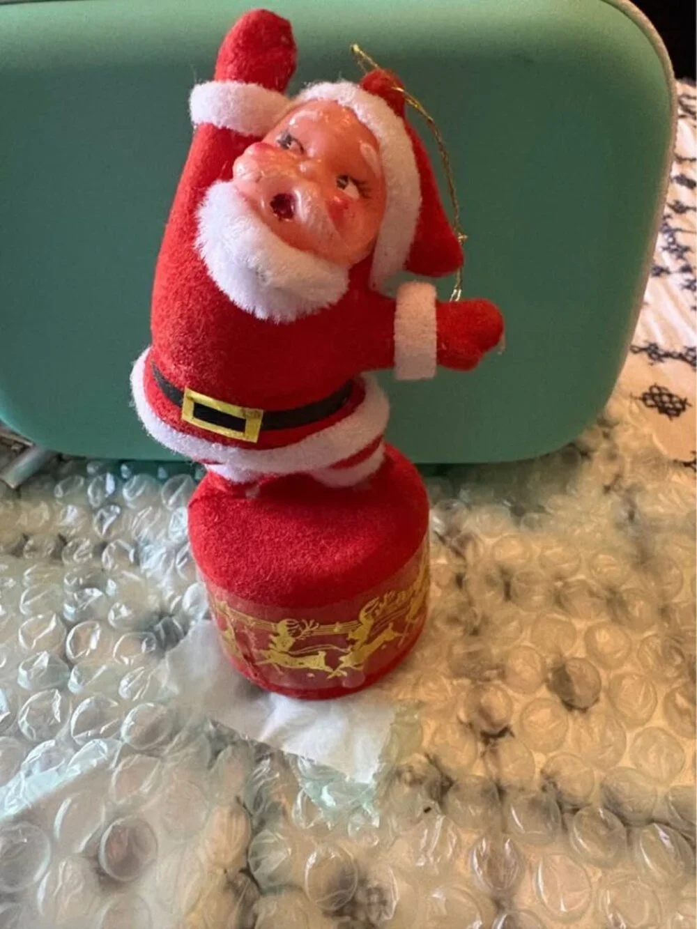 vintage flocked dancing Santa Christmas ornament. 1950